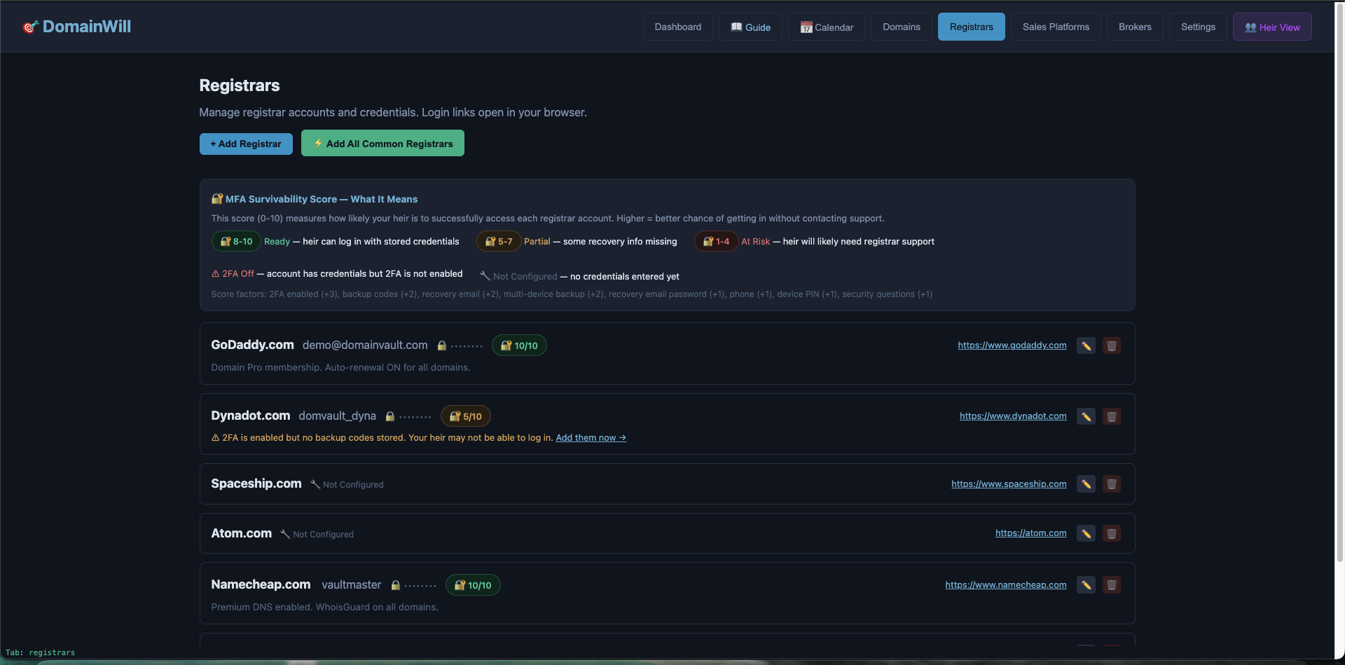 DomainWill Registrar Vault