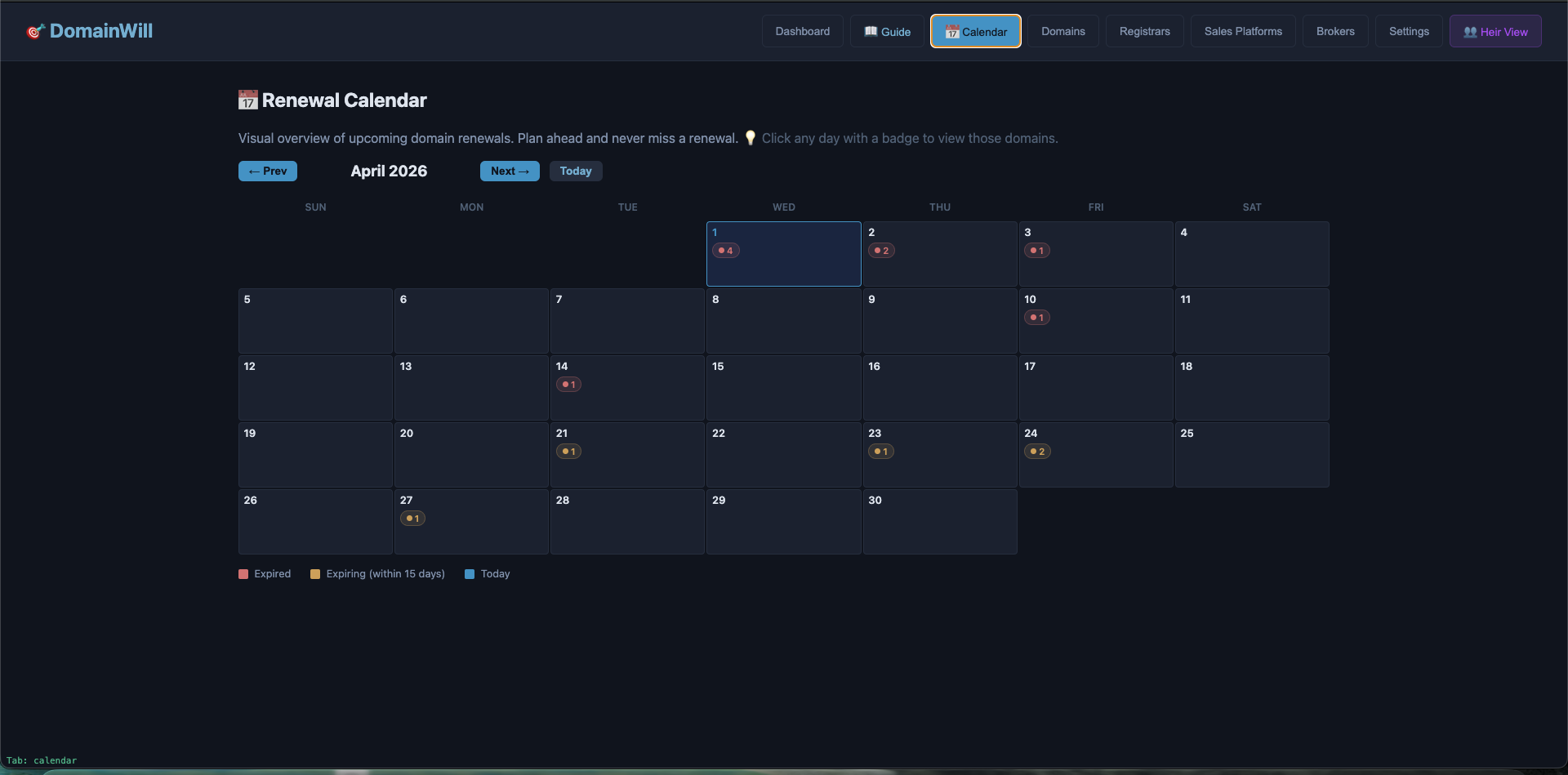 DomainWill Renewal Calendar